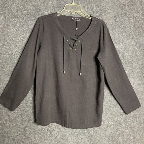 Paul Jones Long Sleeve Top Women S Rayon Linen Lace-Up Neck NWOT Charcoal - Picture 1 of 11